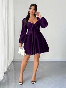 Elenzga 大码女士性感前系带露背镂空黑色迷你连衣裙，秋季 - 紫色 - 查看 4