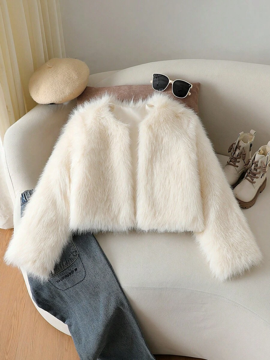 SHEIN 1 st. trendig kort fluffig elegant aprikosfärgad bekväm långärmad fuskpälsjacka för flickor, lämplig för höst/vinter, inomhus, utomhus, fritid, vardag, resor, fest, mångsidiga ytterkläder - Vitt - Visa 1