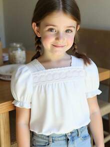 Spring/Summer New Girls Hollow Lace Trim Blouse, White Square Collar Puff Sleeve Baby Short Sleeve Fashionable Little Girl Princess Style Shirt, Children Sweet Loose T-Shirt, Cute - White - View 1