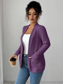 EMERY ROSE جاكيت قصيرة كاجوال للنساء بجيوب جانبية، مفتوحة الأمام، مصنوعة من قماش مخرم ناعم الملمس، خفيفة الوزن - ارجواني بنفسجي - مشاهدة 3