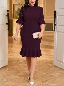 SHEIN Privé Plus Size Women's Spring/Summer Casual Elegant Office Commute Knowledgeable Puff Sleeve Bodycon A-Line Mid-Thigh Dress,Formal Dresses For Women - Brown - View 7