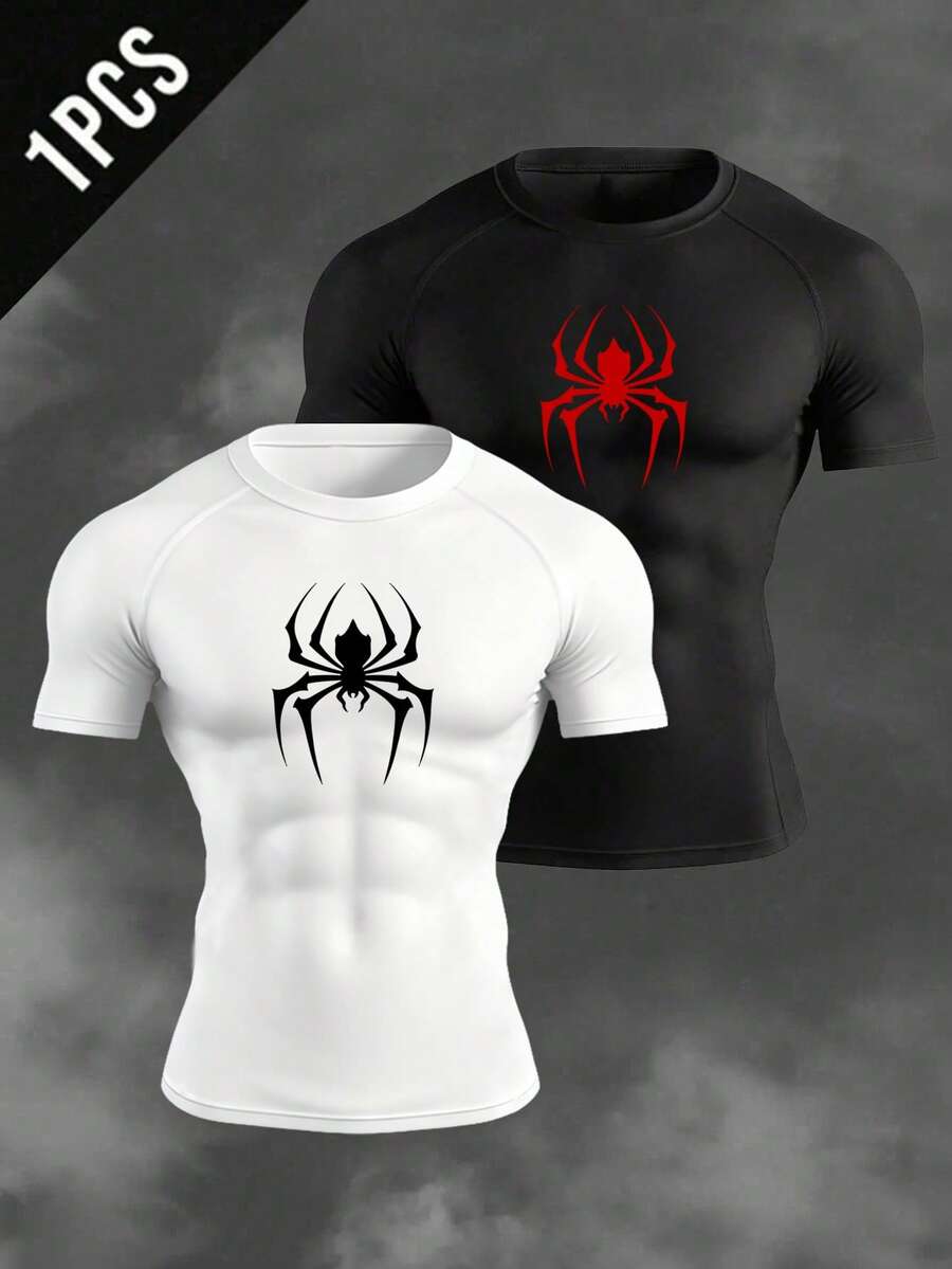 Manfinity Sport Corelite Camiseta deportiva de manga corta con cuello redondo y estampado de araña para hombres - Blanco - Ver 1