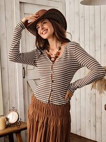 Wildy 女士休闲乡村风条纹长袖上衣，秋冬季日常百搭单品 - 彩色 - 查看 8