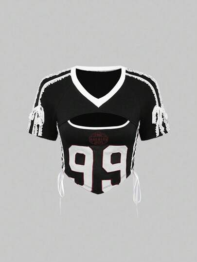 ROMWE Avant Damen Sexy Sport Ballet Spitze Patchwork Stickerei Numerisch Enges T-Shirt