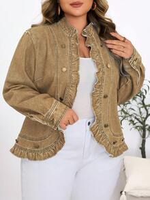 SHEIN Mature Denim 大码休闲度假水洗牛仔外套 - 卡其色 - 查看 4