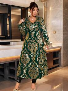 Cravure Áo khoác dài tay cổ bẻ in họa tiết lá kim cỡ lớn, dáng chữ A, cài hai hàng khuy, thanh lịch cho tiệc tùng, đi chơi, tụ tập, ăn tối - Màu xanh lá cây đậm - Xem 3