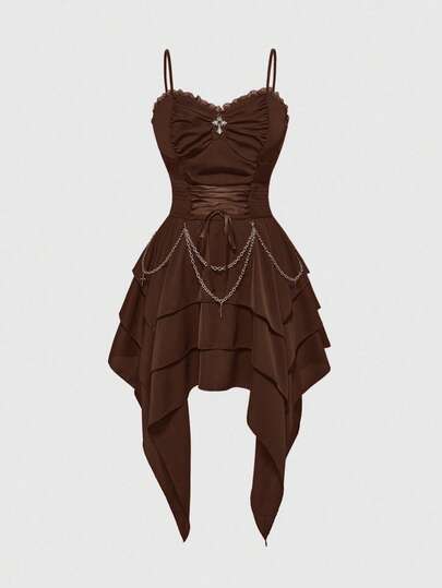 Vintage Gothic Metal Chain Detachable Cinched Waist Asymmetrical Hem Layered Women Dress