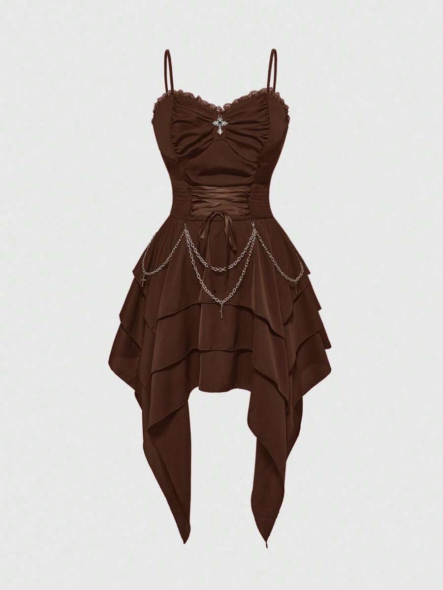 ROMWE Spring/Summer Vintage Gothic Metal Chain Detachable Cinched Waist Asymmetrical Hem Layered Women Dress - Dark Brown - View 1
