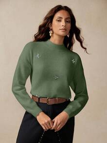 Florisole 优雅针织菱形装饰宽松波西米亚纯色毛衣，女士秋冬款 - 軍綠色 - 查看 6