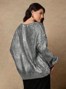 Freevana Damen Große Größen V-Ausschnitt Drop Shoulder Langarm Loose Pullover Pullover, Herbst/Winter - Schwarz - Übersicht 2