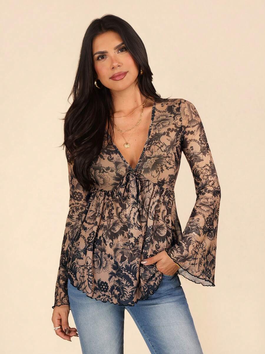 Coeurva Women's Vacation Floral Print Tie Front Bell Sleeve Blouse - Khaki - View 1