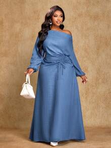 Brilight Damen Einfarbiges Kleid mit asymmetrischem Kragen, Langarm und plissiertem Saum - Grau-Blau - Übersicht 3