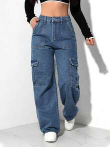 Pantalones rectos de mujer Mezclilla Pantalones cargos rectos gris sólidos, casuales y elegantes para mujer adecuados para uso diario, oficina, citas y vacaciones. - Azul - Ver 4