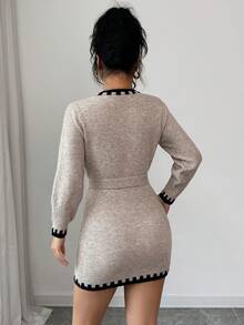 Rafferiza Váy dệt kim cổ chữ V thắt lưng cho nữ, tay dài thời trang và đa năng - Màu Khaki - Xem 2