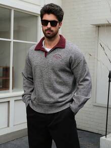 DAZY 男士撞色领灰色字母刺绣毛衣，秋冬款 - 彩色 - 查看 5