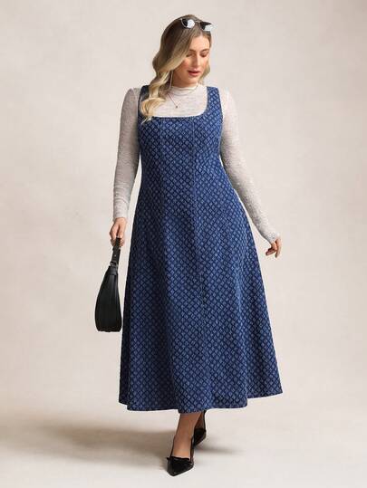 Zelara Plus Size Blue Denim Dress Square Neck Sleeveless Elegant Dress Exquisite Jacquard Denim  Autumn Clothes  Fall Outfit Women's Long Dress