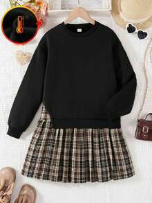 Emery Rose Kids Emery Rose Kids 少女撞色长袖休闲连衣裙，校服裙，卫衣裙，秋冬款 - 黑色 - 查看 2