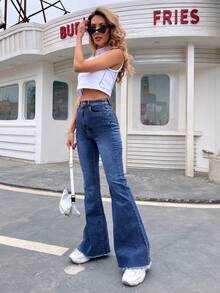 EMERY ROSE Women Casual High-Rise Raw Hem Flare Blue Jeans - Dark Wash - View 3