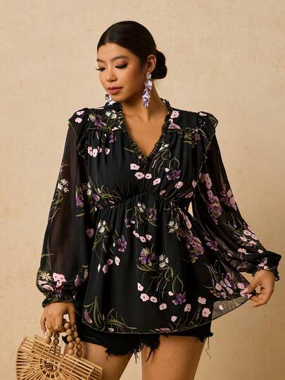 Travachic Plus Size Women Floral Print Ruffle Collar Puff Sleeve Blouse Shirt