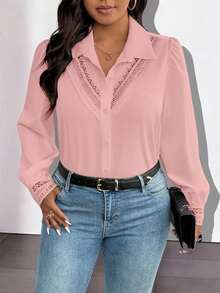SHEIN Clasi Plus Size Casual Solid Color Contrast Lace Front Button Shirt, Autumn - Pink - View 3
