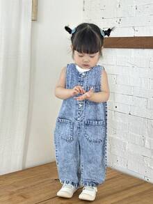 SHEIN 女婴深蓝色牛仔无袖白色条纹连体锥形裤 - 淺色水洗藍 - 查看 4