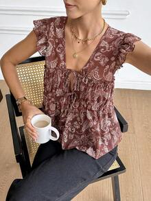Serisse Áo kiểu nữ Pháp màu nâu phong cách Bohemian họa tiết Paisley, cổ chữ V, xếp nếp, có dây rút, không tay, tay ngắn, thích hợp mặc hàng ngày, đi nghỉ mát/mùa hè. Áo màu nâu cho nữ, áo kiểu mùa hè cho nữ, áo kiểu thanh lịch cho nữ, từ xuân sang hè, mùa hè cho nữ, trang phục thời trang nữ, đi biển, kỳ nghỉ hè, áo kiểu thường ngày cho nữ, áo kiểu họa tiết hoa cho nữ. - màu nâu - Xem 7