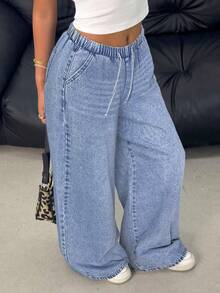 SHEIN Teenager Mädchen Y2K Frühling Sommer leicht gewaschene Jeans mit Tunnelzug Taille, Taschen, vielseitig für den täglichen Gebrauch, weite Beine - Helle Waschung - Übersicht 6