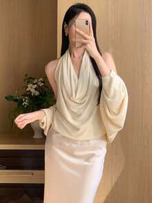 DAZY Sexy Plunging Neck Spaghetti Strap Camisole Top & Loose Cardigan 2 Pieces Set For Women - Apricot - View 7