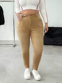 SHEIN ICON Quần jean nữ dáng ôm, túi cài nút, mặc hàng ngày, size lớn - Màu Khaki - Xem 4