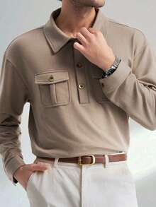 Airaco Men's Casual Solid Color Long Sleeve Pocket Design Polo Shirt - Mocha Brown - View 1