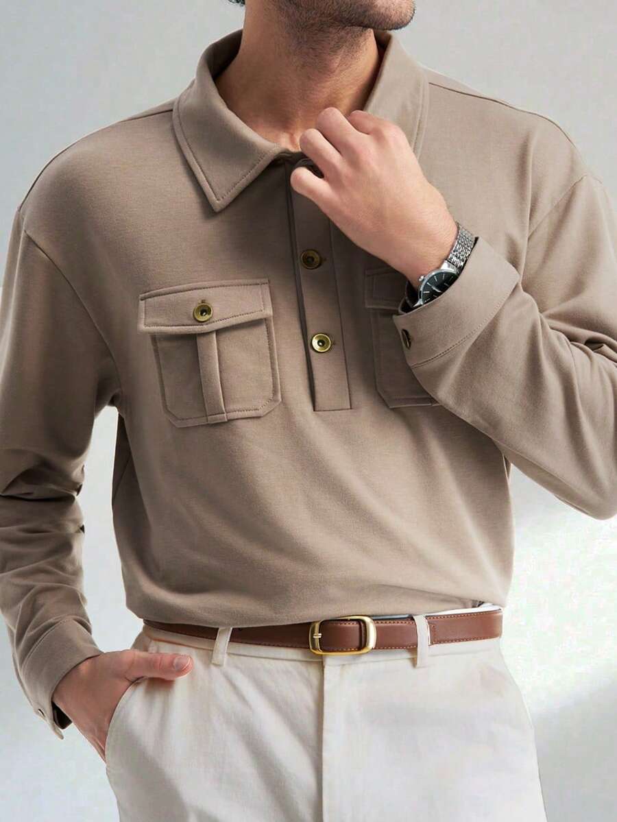 Airaco Men's Casual Solid Color Long Sleeve Pocket Design Polo Shirt - Mocha Brown - View 1