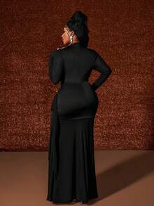 Maweii 大码女式纯色深V领长袖交叉设计修身性感时尚连衣裙 - 黑色 - 查看 6