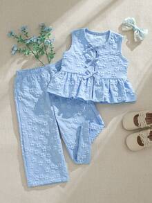 Souflis Souflis 2件套女婴幼儿/新生儿0-3岁春夏休闲甜美日常度假条纹梭织无袖上衣和阔腿裤两件套 - 黃色 - 查看 2