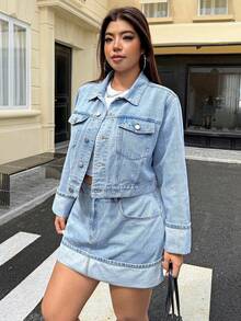 SHEIN ICON 大码高腰修身牛仔A字裙 - 淺色水洗藍 - 查看 3