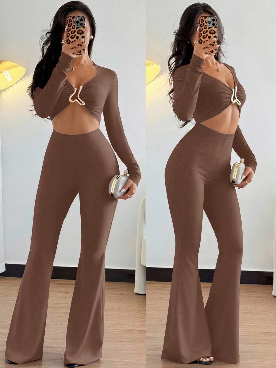 SHEIN ChicEase 性感女士黑色高弹力连体裤，正面和中间饰有金属装饰扣，休闲欧美风格 - 紫紅色 - 查看 1