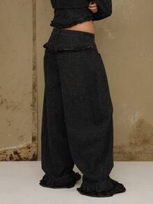 COUREZ Low Rise Baggy Balloon Fit Jeans With Frill Hem Detail In Textured Denim /Y2K Casual Spring Clothes  Women Clothes Cute Wide Leg Pants Low Rise Jeans Set - Black - View 7