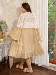 Côtesoire Khaki Plus Size Robe Sets With Bell Sleeve And Ruffle Hem For Women Sexy Sleepwear - Khaki - View 2
