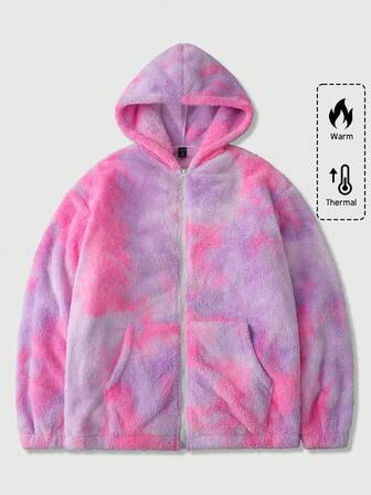 Street Life Chaqueta con capucha de forro polar cálido con cremallera y estampado tie-dye de moda casual para hombre, otoño/invierno