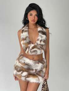 Aloruh Women's Deep V-Neck Faux Fur Sexy Party Camisole,Tank Top