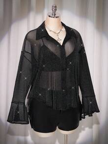 SHEIN ICON Plus Size Women's Autumn/Winter Elegant Sexy Hot Retro Millennial Style Y2K Modern Fashion Individual Avant-Garde Banquet Party Stage Performance Costume Gold And Silver Thread Sparkling Fabric Sheer Black Bell Sleeve Loose Shirt - Black - View 1