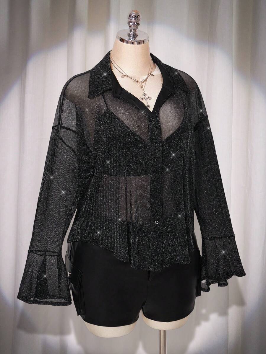 SHEIN ICON Plus Size Women's Autumn/Winter Elegant Sexy Hot Retro Millennial Style Y2K Modern Fashion Individual Avant-Garde Banquet Party Stage Performance Costume Gold And Silver Thread Sparkling Fabric Sheer Black Bell Sleeve Loose Shirt - Black - View 1