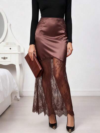 NOVVYNE Satin Elegant Commuter Lady High Waist Silky Pleated Contrast Lace Long Skirt
