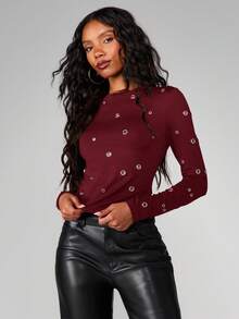 MISSGUIDED Eyelet Round Neck Long Sleeve Top With Golden Metal Hardware Detail - Burgundy - View 3