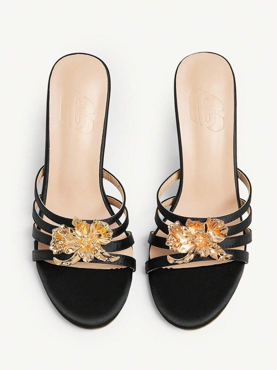 CUCCOO CHICEST 女士优雅浪漫花卉细带圆头细高跟凉鞋，适合正式场合、派对、约会、节日、海滩、鸡尾酒会、万圣节、情人节、感恩节 - 黑色 - 查看 1