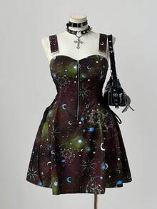 Sunspun 新款时尚百搭假日梦幻星空印花拼接荷叶边系带腰部装饰拉链前开襟中长吊带连衣裙 - 咖啡棕 - 查看 7