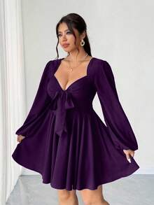 Elenzga 大码女士性感前系带露背镂空黑色迷你连衣裙，秋季 - 紫色 - 查看 5