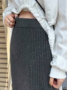 FRIFUL Women's Solid Dark Grey Ribbed Knit Elastic Waist Straight Skirt, Slimming, Suitable For Vacation, Autumn Women Clothing Winter Women Skirts