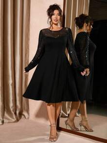 Cravure 大码女士优雅修身彩色串珠网纱拼接撞色连衣裙，面料拼接设计，A字收腰显瘦连衣裙，适合俱乐部派对晚宴穿着。 - 黑色 - 查看 3