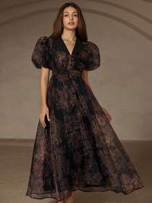 Aveloria Rosie 优雅复古欧根纱佩斯利花纹随机印花泡泡袖撞色下摆中长连衣裙，百搭精致，适合女性 - 彩色 - 查看 3