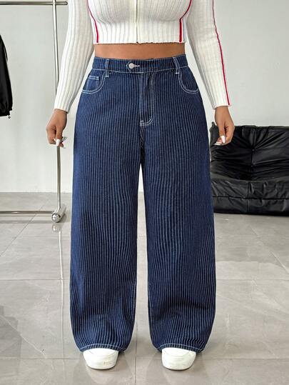 Jeanoix Jeans holgados versátiles de lavado a rayas de moda casual para mujer de talla grande